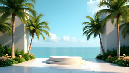 Fototapeta premium Tropical Paradise Retreat, A Luxurious Coastal Setting with Palm Trees and Ocean Views Offering Tranquility and Sophistication for Relaxation and Scenic Beauty