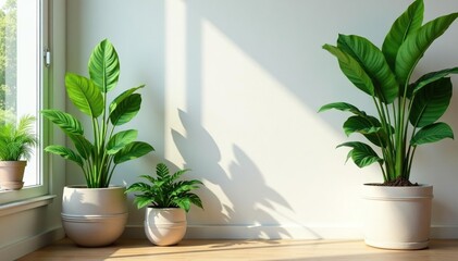 Lush green indoor plants in stylish pots, adding life to a modern interior , minimal, bright