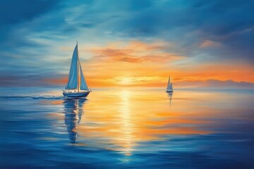 Fototapeta premium Two sailing vessels on a tranquil ocean at sunset.