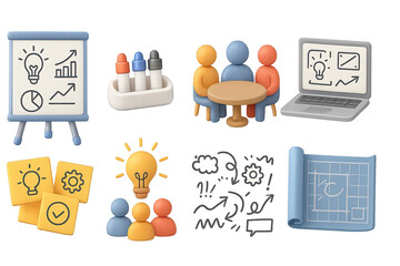 Business and marketing 3d icons set – strategy, planning, meeting symbols