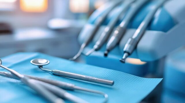 Sterile dental instruments on a blue medical tray in a modern clinic, close-up of professional stainless steel tools for oral examination and treatment in a clean and hygienic environment.