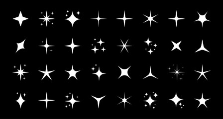Fototapeta premium Sparkle or shine set vector collection of different stars in white color. Shine icon for magic, pattern, doodle, light and charm design element.