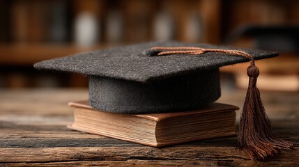Graduation cap resting on vintage book on wooden table in library, symbol of academic achievement and education milestones perfect for graduation visuals and success concepts