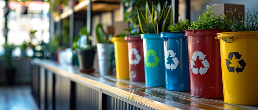 Colorful recycling bins arranged neatly on a shelf with plants, promoting environmental friendliness and organization through vibrant colors and decor.