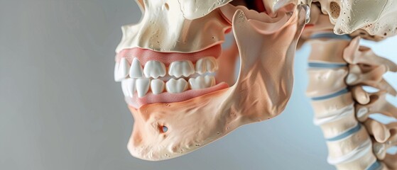 A human skull anatomical model with detail on teeth and jaw, intended for education or research purposes.