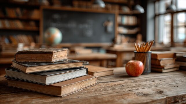 Rustic classroom interior with stack of old books, pencils in metal holder and red apple on wooden table perfect for back to school themes, education promotions and vintage learning visuals - Powered by Adobe