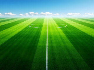 Obraz premium Vibrant aerial view of a soccer field featuring a meticulously striped deep green lawn and a clear blue sky, perfectly manicured for a match day experience