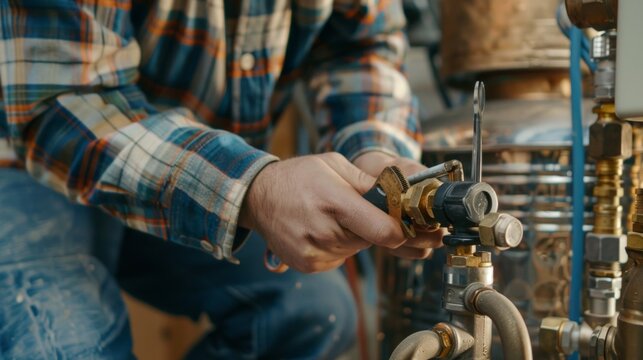 Person in plaid shirt working on plumbing/heating system with boiler, knobs, and pipes. Rustic, focused atmosphere in workshop setting.