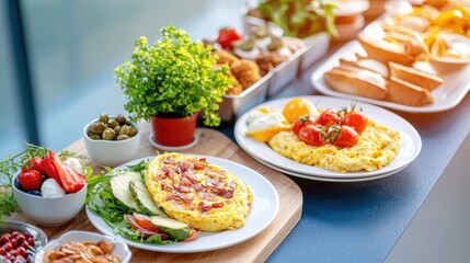 Fresh Breakfast Spread with Omelettes, Pancakes, Fruits, Vegetables, and Fresh Herbs for a Delightful Morning Meal Setting