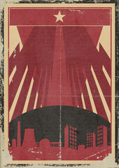 Retro Revolution Propaganda Poster. Stilisierte Geb&auml;ude und Industrie auf grunge Papier Hintergrund.
