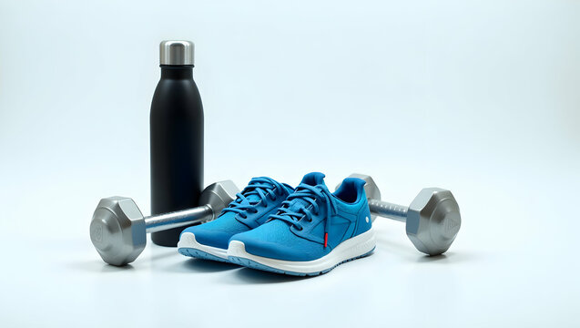 Vibrant Blue Sneakers with Workout Essentials, A Modern Still Life Composition Showcasing Fitness Gear, Water Bottle and Dumbbells for Active Lifestyle