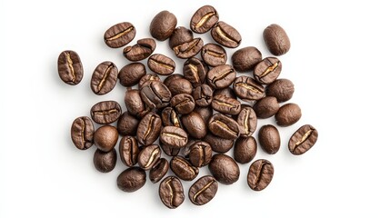Naklejka premium Close-up of roasted coffee beans scattered on a white background showing rich brown color and detailed texture in a high-quality image suitable for coffee related themes