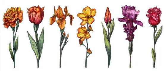 A colorful arrangement of various flowers, showcasing their unique shapes and colors in a stylized illustration.