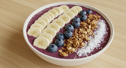 Acai Bowl with Banana, Blueberries, Granola, and Coconut Flakes; Healthy Breakfast Smoothie Bowl Recipe