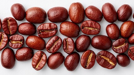 Assortment of fresh glossy brown coffee beans scattered on a white background with detailed textures and natural shine in a close-up view