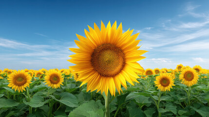 Obraz premium A vibrant yellow sunflower stands tall amidst a field of sunflowers under a clear blue sky dotted with fluffy clouds on a bright sunny day in the countryside.