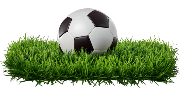 Soccer ball resting on green grass patch on transparent background png cutout