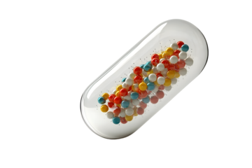 Transparent capsule with molecules inside. Space for text.