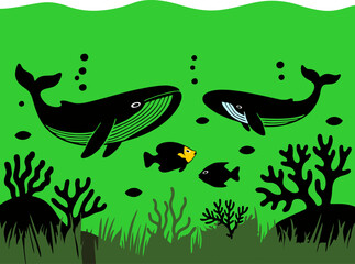 illustration of whale and carp on sea day