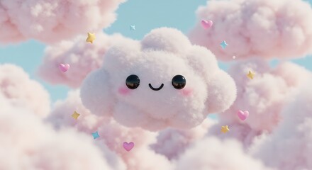 Fototapeta premium Cute cloud character floating among pink clouds and stars
