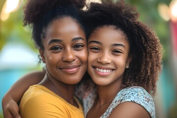 Happy mother and daughter embracing outdoors