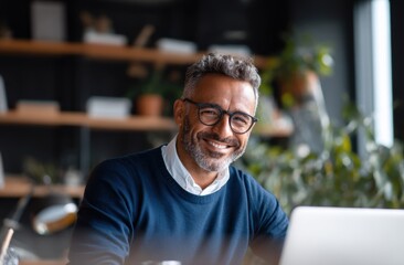 Obraz premium Smiling man wearing glasses indoor workspace