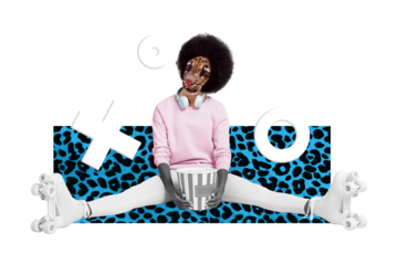 Collage minimal picture of funky cool lady cat instead head rolling eating popcorn isolated turquoise color background