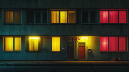 Colorful apartment windows glowing at night with yellow and red lights, graffiti on walls, and a cat on the quiet urban sidewalk. © Another Galaxy