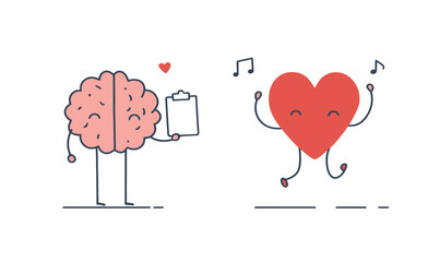 Cute Cartoon Brain and Heart Characters Representing Emotions and Mental Health Concepts
