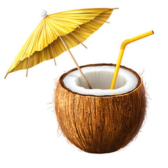 Tropical Coconut Drink with Straw and Umbrella PNG Cutout