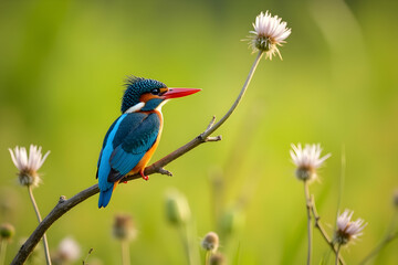 Vibrant Kingfisher Perched on Branch, A Study in Iridescent Blues, Oranges and Greens with Detailed Plumage, Captured in Natural Habitat with Soft Focus
