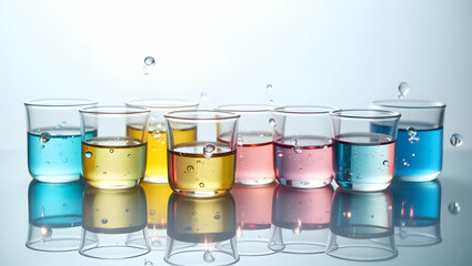 Vibrant Liquid Symphony, A Captivating Still Life of Droplets in Transparent Glassware, Showcasing the Beauty of Color Science and Laboratory Precision