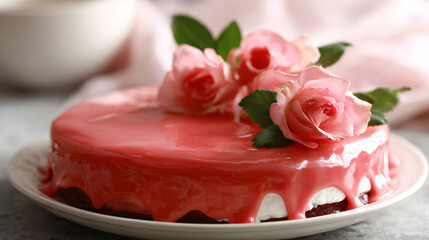Delicious strawberry coating with pink glaze and roses a fresh tasty treat for a party