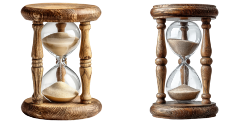 Hourglass, Sand timer with wooden frame and glass bulbs, Time Tracker, isolated on white background or Transparent PNG