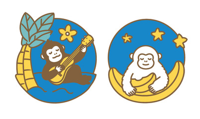 Obraz premium Cheerful Cartoon Monkeys Playing Music and Enjoying Bananas in Bright Blue Background