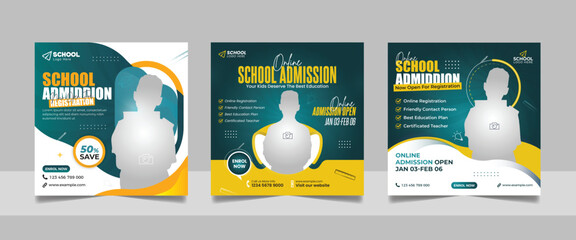 back to school admission social media post set, higher education promotion square flyer web banner study abroad template design.