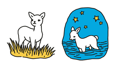 Obraz premium Cute Cartoon Deer in Grass and Water Under Starry Night Sky for Nature Illustrations