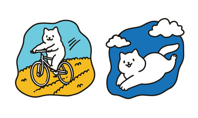 Obraz premium Playful Cartoon Cat on Bicycle and Soaring Through Blue Sky in Whimsical Illustration
