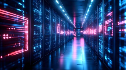 Fototapeta premium Futuristic server room corridor with neon lighting.