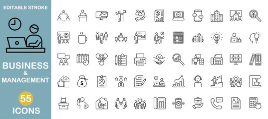 Business and management icon set. Editable stroke. Vector illustration