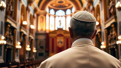 Obraz premium Close-up view of a Pope seated in solemn prayer, photographed from behind, inside a richly decorated cathedral. Warm ambient light. No face or fingers visible. Candid and realistic. Ultra-detailed