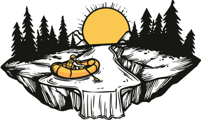 Serene River Scene with Kayaker in a Yellow Raft Surrounded by Forest and Sunset Background