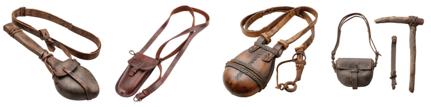 Sling, Leather strap with pouch for hurling stones, Primitive Weapon, isolated on white background or Transparent PNG