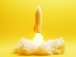 Obraz premium Bright yellow rocket launching into the air with billowing clouds below