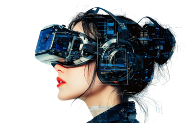 A beautiful Asian woman wearing a futuristic headset on a transparent background