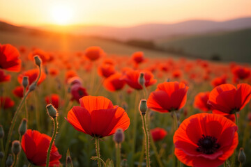 Fototapeta premium Vibrant Red Poppies Embrace the Sunset, A Captivating Field of Delicate Beauty under a Radiant Sky, Evoking Serenity and Natural Splendor