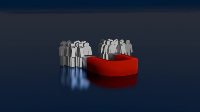 Magnet pulling audience, customer, human icon 3d animation