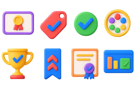 3D icon set of certification and credentials: digital diploma badge, accredited course tag, verified badge icon, skill badge collection, exam pass trophy, learning path ribbon, course series