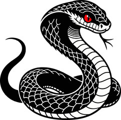 Kobra Hitam Melingkar dengan Mata Merah dalam Gaya Vektor Agresif