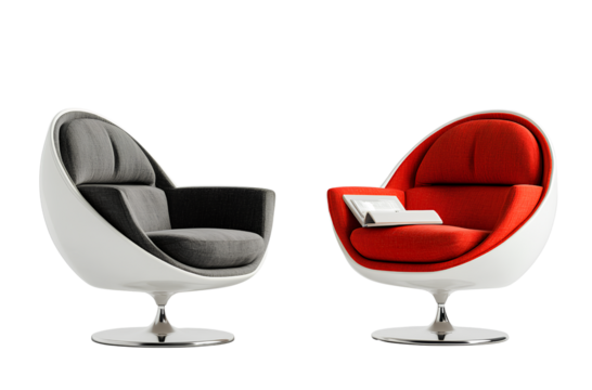 A retro ball chair, with a red and grey color scheme, against a white background